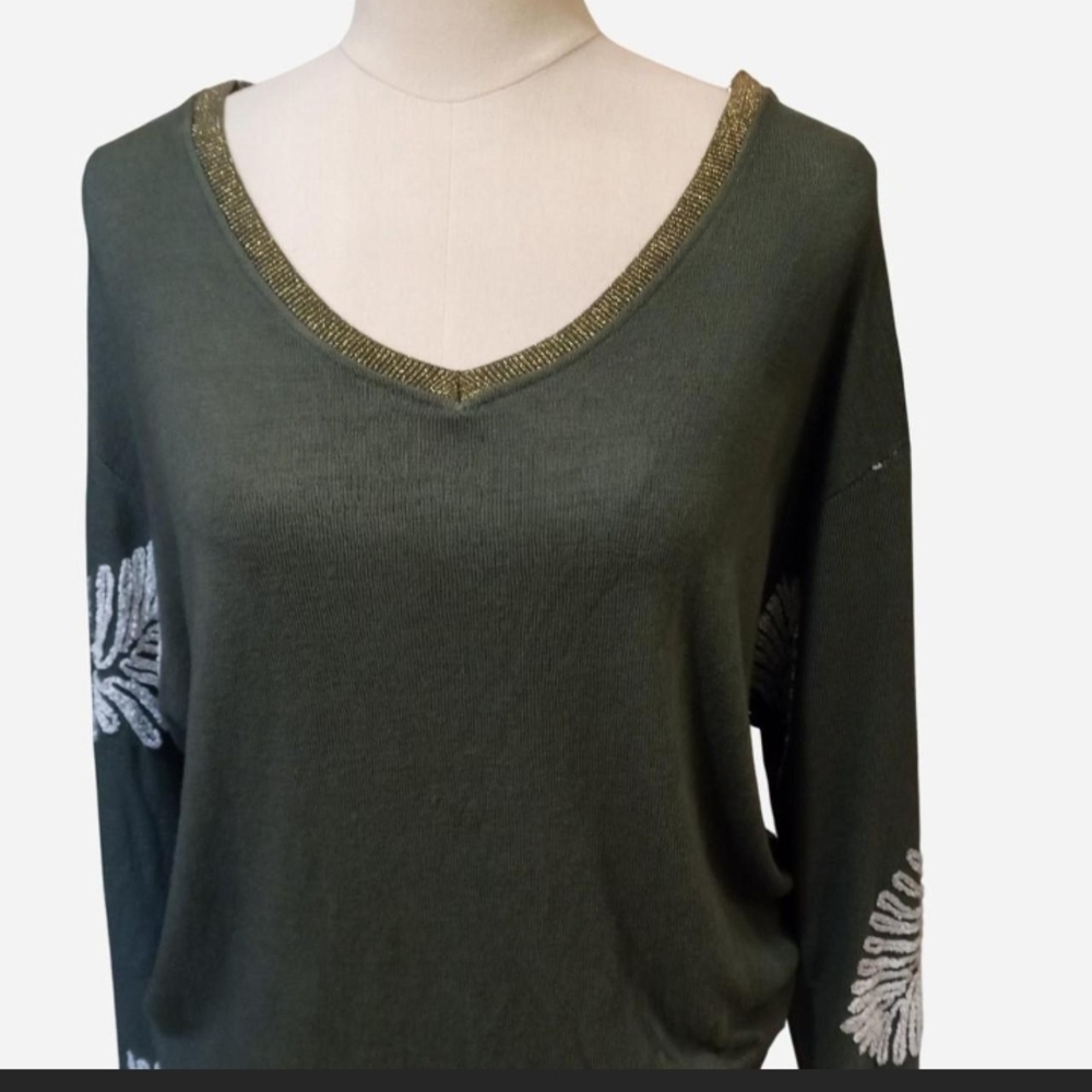 Olive Green V-Neck Embellished Women's Top